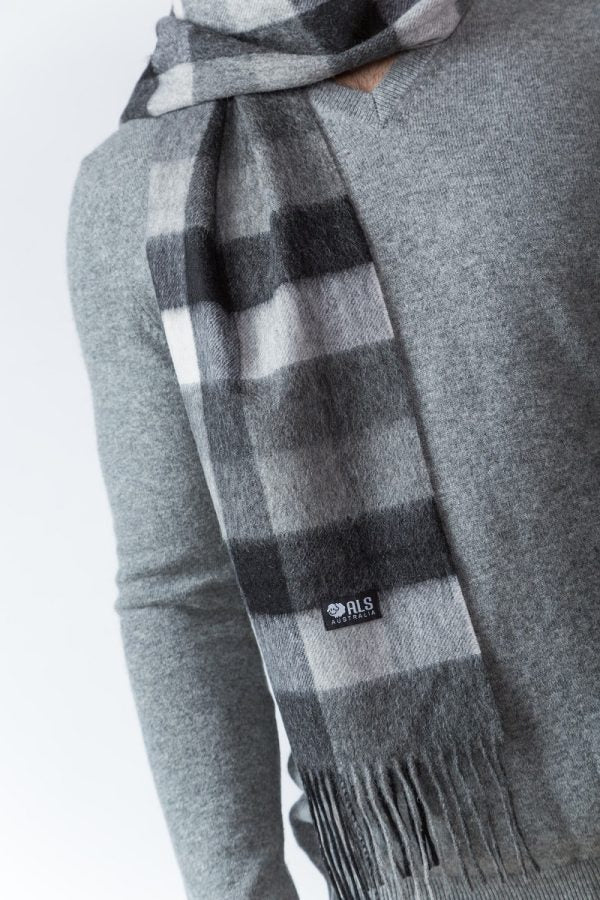 100% Lambswool Charcoal Plaid Scarf